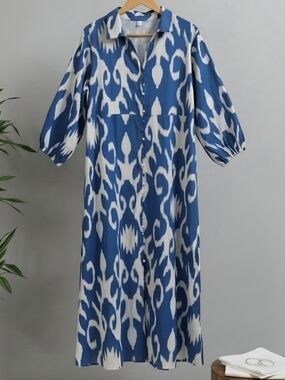Monsoon V-Neck Button Ikat Print Midi Dress Maxi Dress Blue & White Large